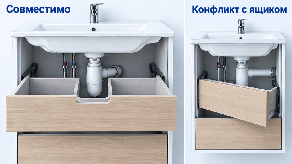Как сифон влияет на полезный объем ящика